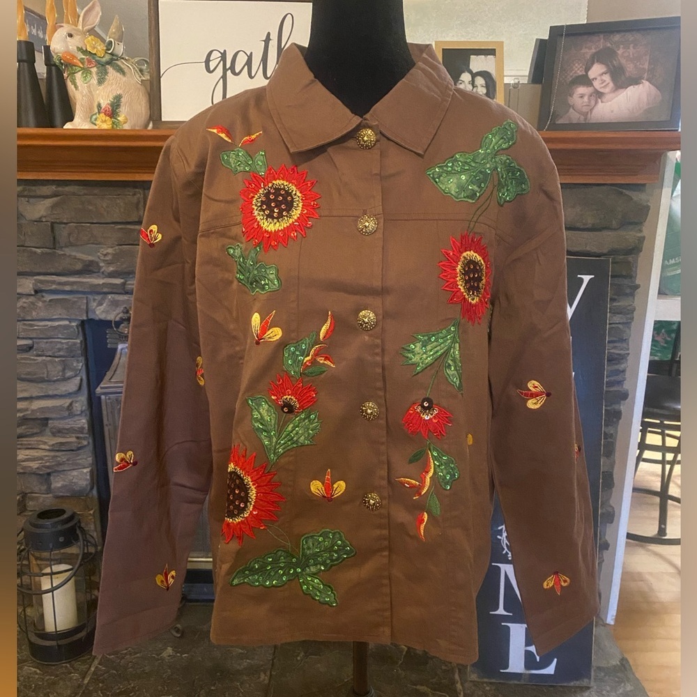 Vintage Embroidered Sunflower Brown Shirt Jacket
